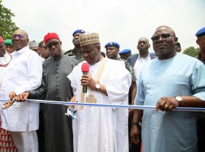 Governor  Ifeanyi Okowa  of Delta State (2nd left) holding the  tape as Governor of Sokoto  state,  Rt. Hon. Aminu Waziri  Tambuwal,( left) Inaugurates  the  Maryam  Babangida  Way  in Asaba  on Thursday.  With them are Delta  Deputy  Governor,  Barr. Kingsley  Otuaro,  (3rd right), Speaker, DTHA, Rt. Hon. Sheriff Oborevwori,( 2ndright) and Delta  PDP Chairman,  Chief  Kingsley Esiso,  (right) 