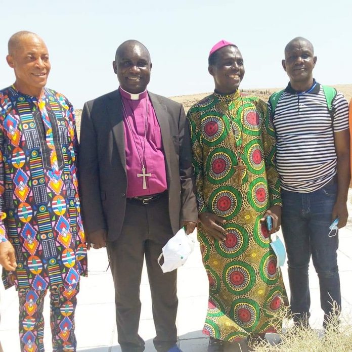 Chairman, Delta State Pilgrims and Welfare Board, Archbishop Cyril Odutemu (centre), Delta Pilgrims Board Executive Secretary, Rev Sameul Okoh (Left), Board Member, Archbishop Jonathan Arhawarien (2nd Right) and Executive Assistant to the Governor of Delta State on Communications, Dr Fred Latimore Oghenesivbe, (right) on top of the demolished palace of King Herold, opposite the Dead Sea in the holy land of Jordan.