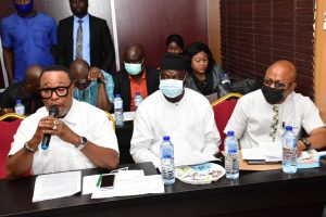 Chairman, Delta State Youth and Sports Development Commission, Chief Tonobok Okowa Flanked By Officials Of The Commission During The 2022 Budget Defense